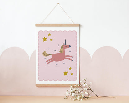 pink scallop border unicorn print for girls bedroom, nursery or playroom