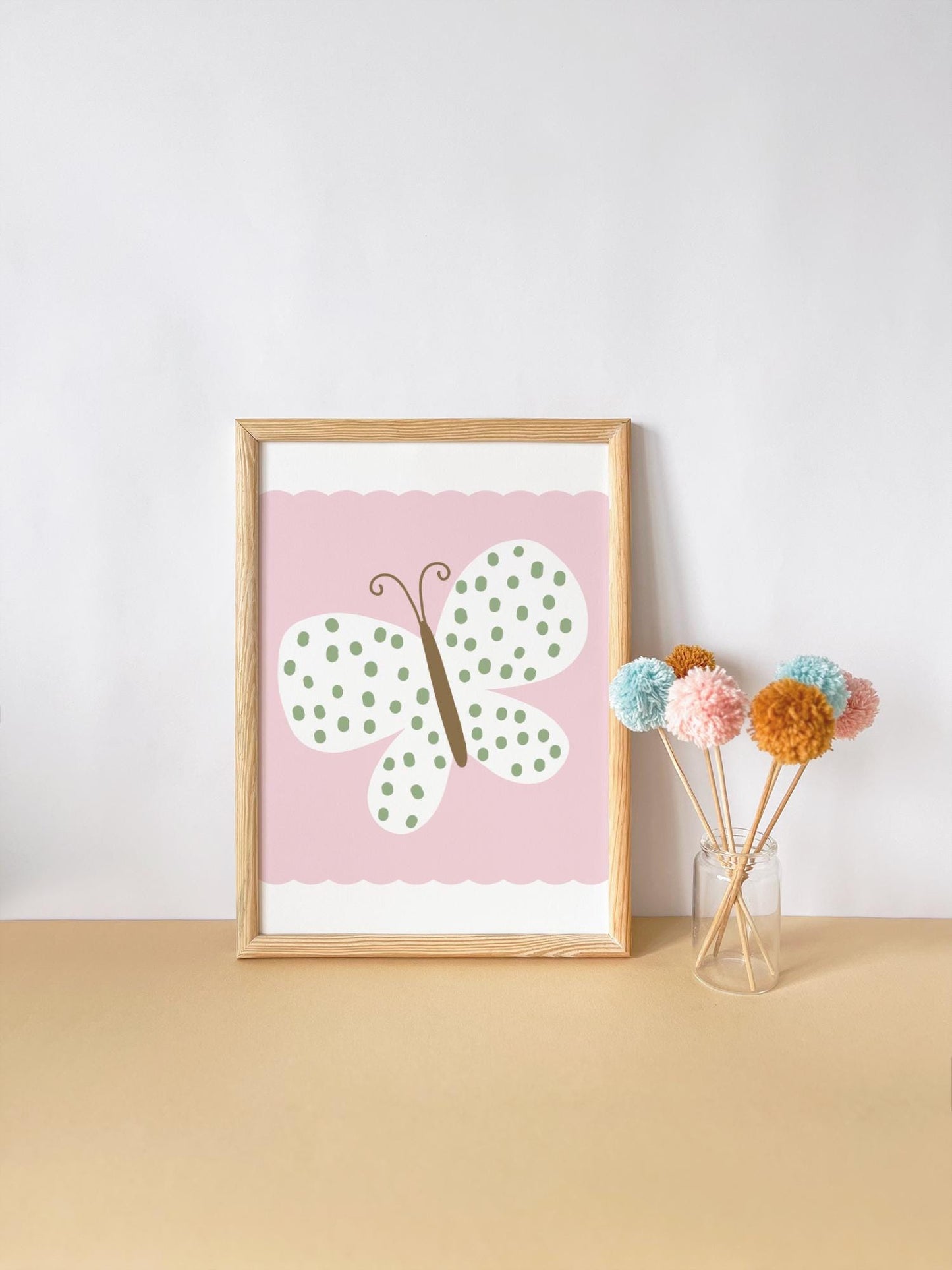 Pink Butterfly Wall Art – Boho Girls Bedroom Print – Soft Pink Nursery Decor (Unframed)