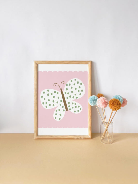Pink Butterfly Wall Art – Boho Girls Bedroom Print – Soft Pink Nursery Decor (Unframed)