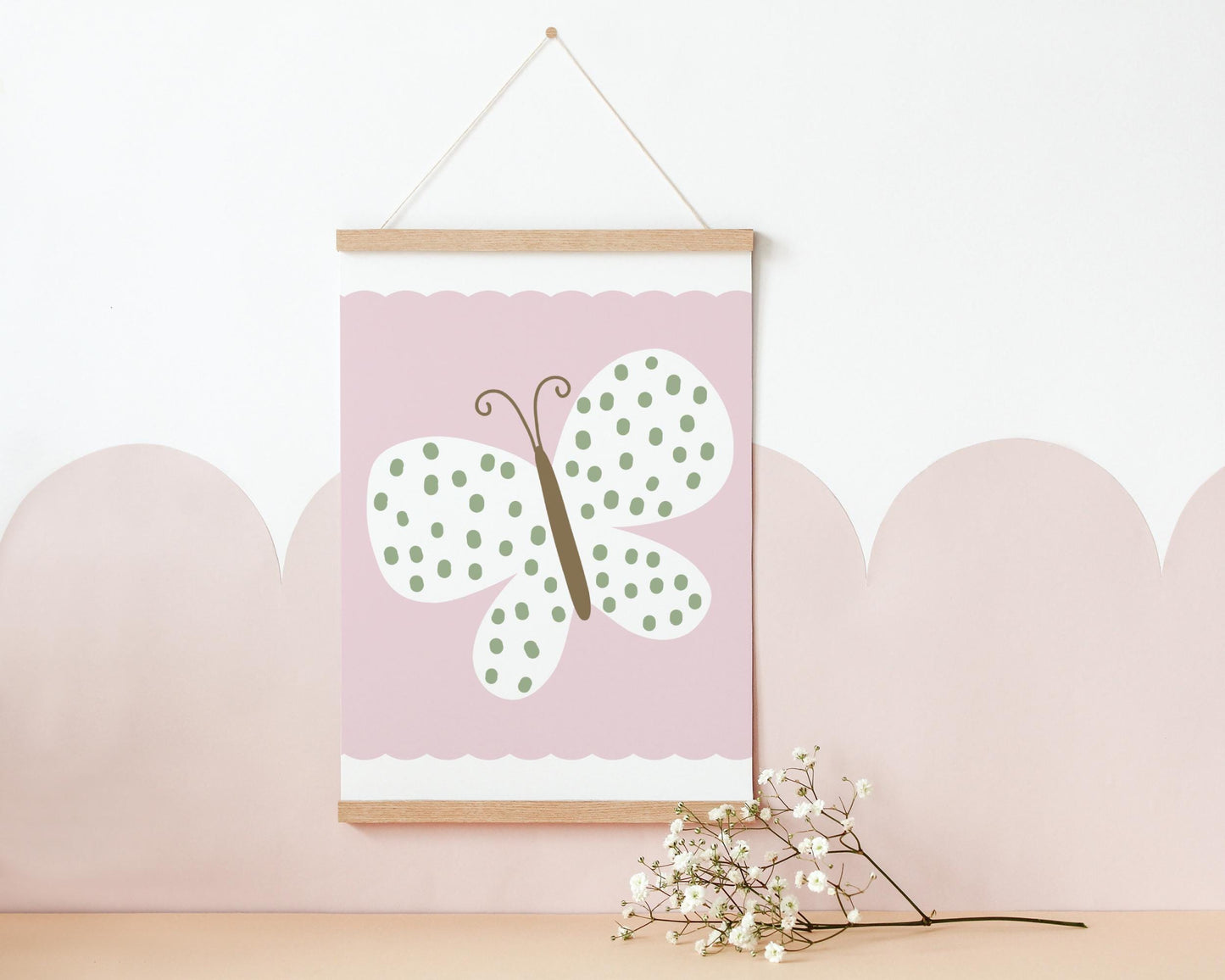Pink Butterfly Wall Art – Boho Girls Bedroom Print – Soft Pink Nursery Decor (Unframed)