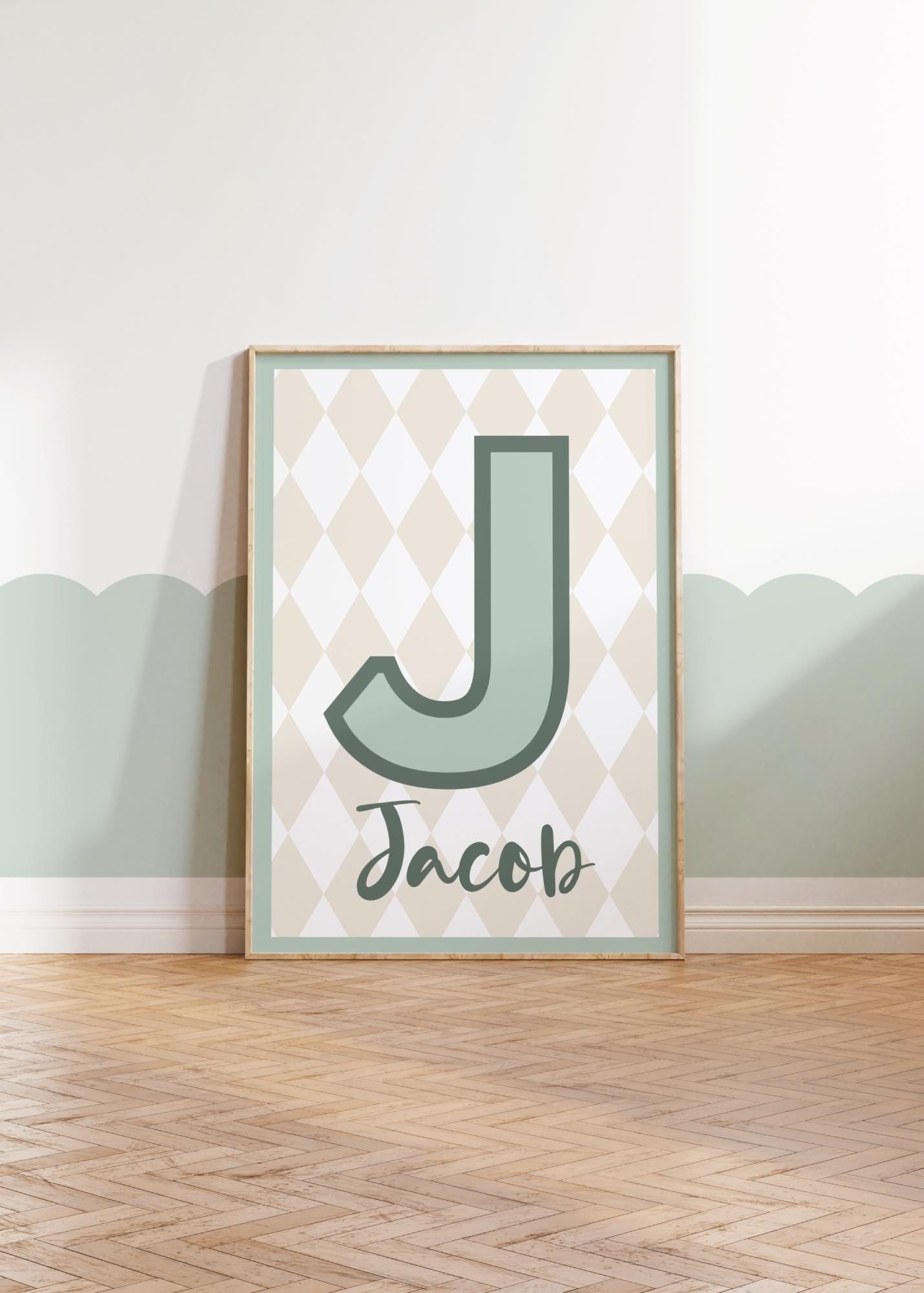 childrens bright initial and name neutral green wall print for bedroom, nursery or playroom