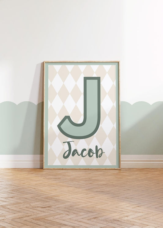 childrens bright initial and name neutral green wall print for bedroom, nursery or playroom