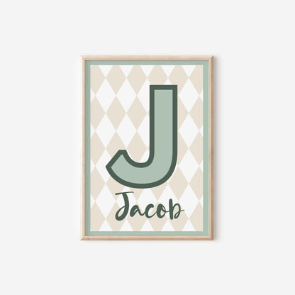 childrens bright initial and name neutral green wall print for bedroom, nursery or playroom