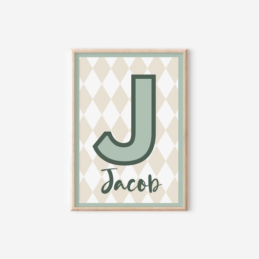 childrens bright initial and name neutral green wall print for bedroom, nursery or playroom