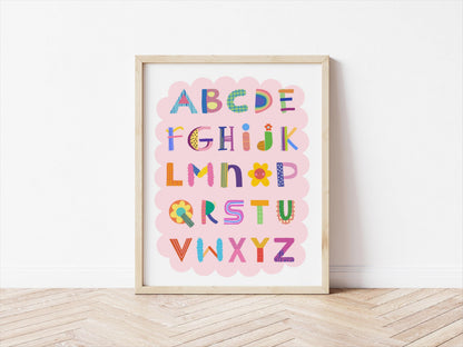 Pink ABC Children's Wall Print: Quirky Alphabet Poster