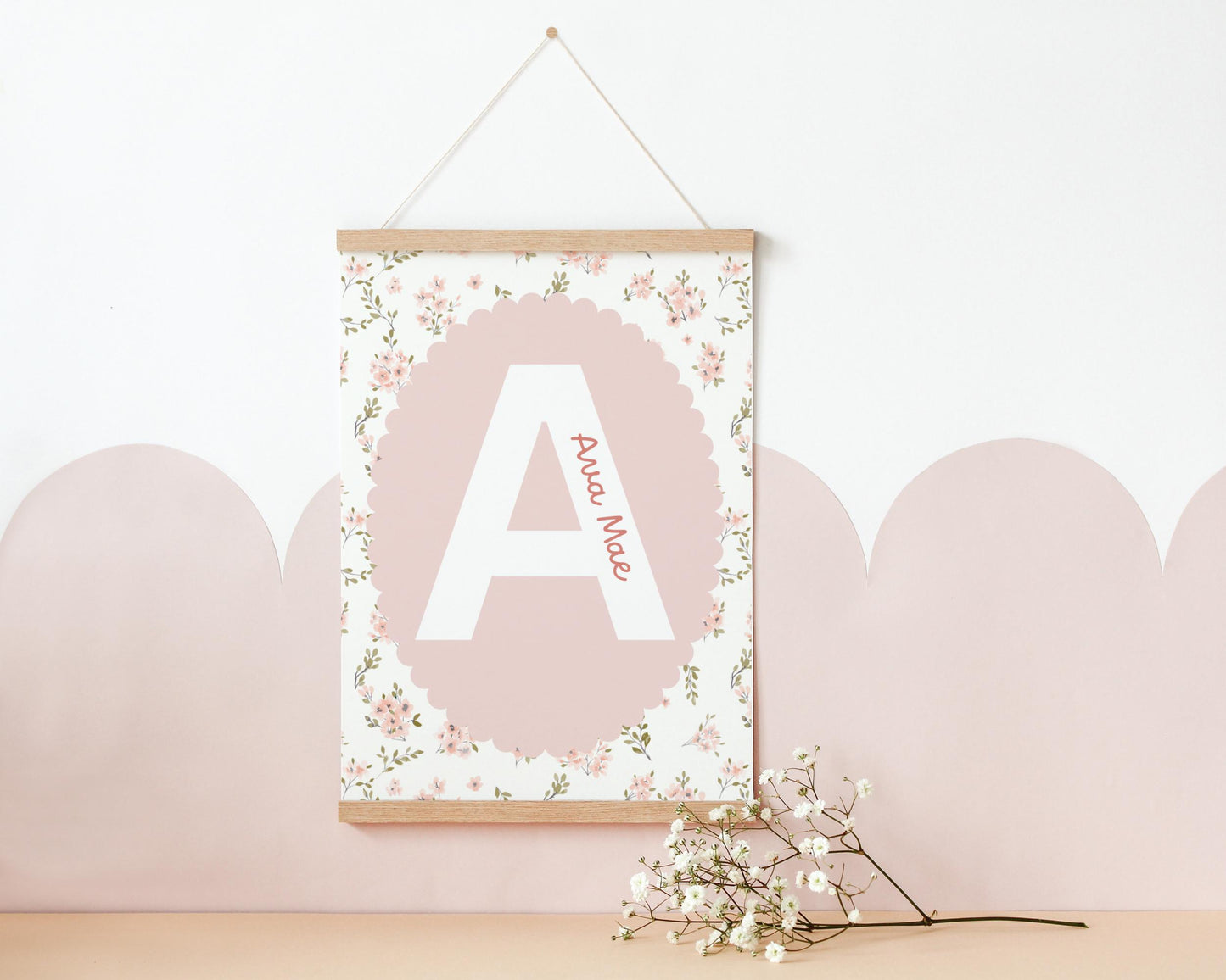 girls floral personalised name wall print for bedroom or nursery