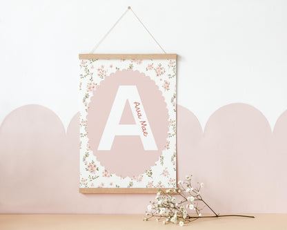 girls floral personalised name wall print for bedroom or nursery