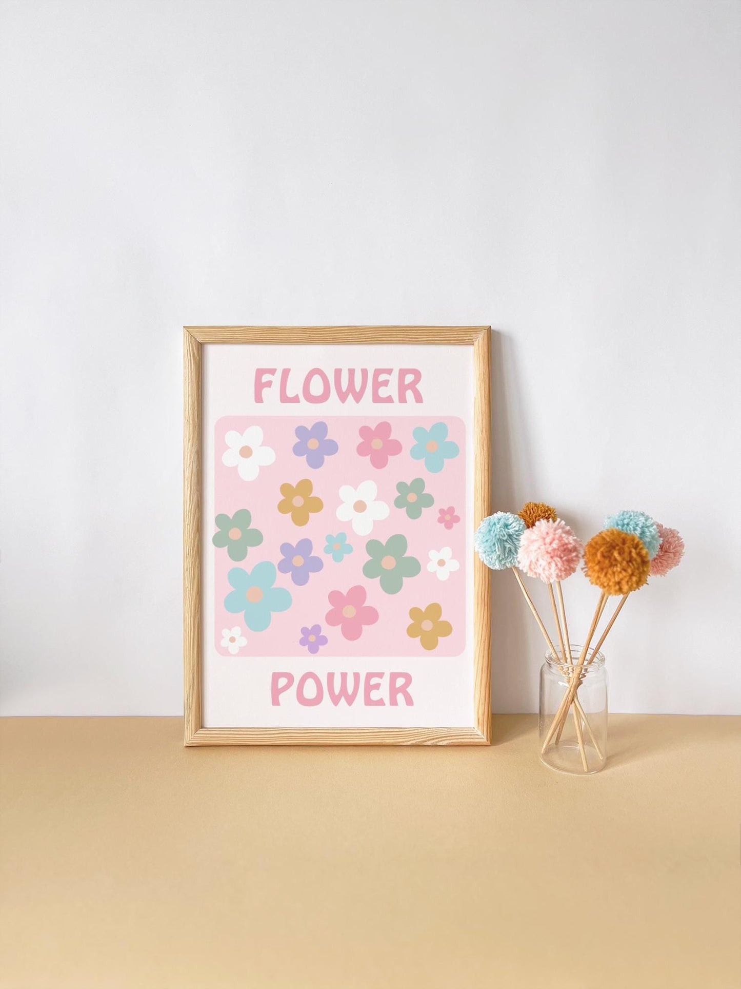 girls floral "flower power" pastel pink wall print for bedroom or nursery (print only)