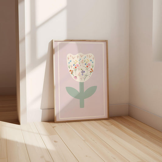 Girls floral tulip pink and pastel nursery wall print for girls bedroom (print only)