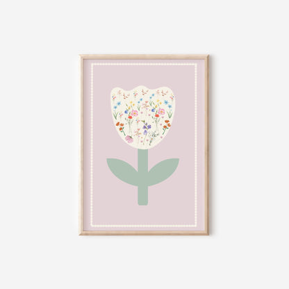 Girls floral tulip pink and pastel nursery wall print for girls bedroom (print only)