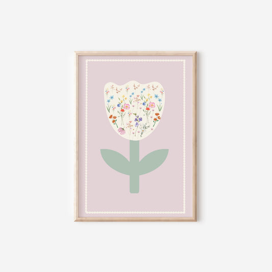 Girls floral tulip pink and pastel nursery wall print for girls bedroom (print only)
