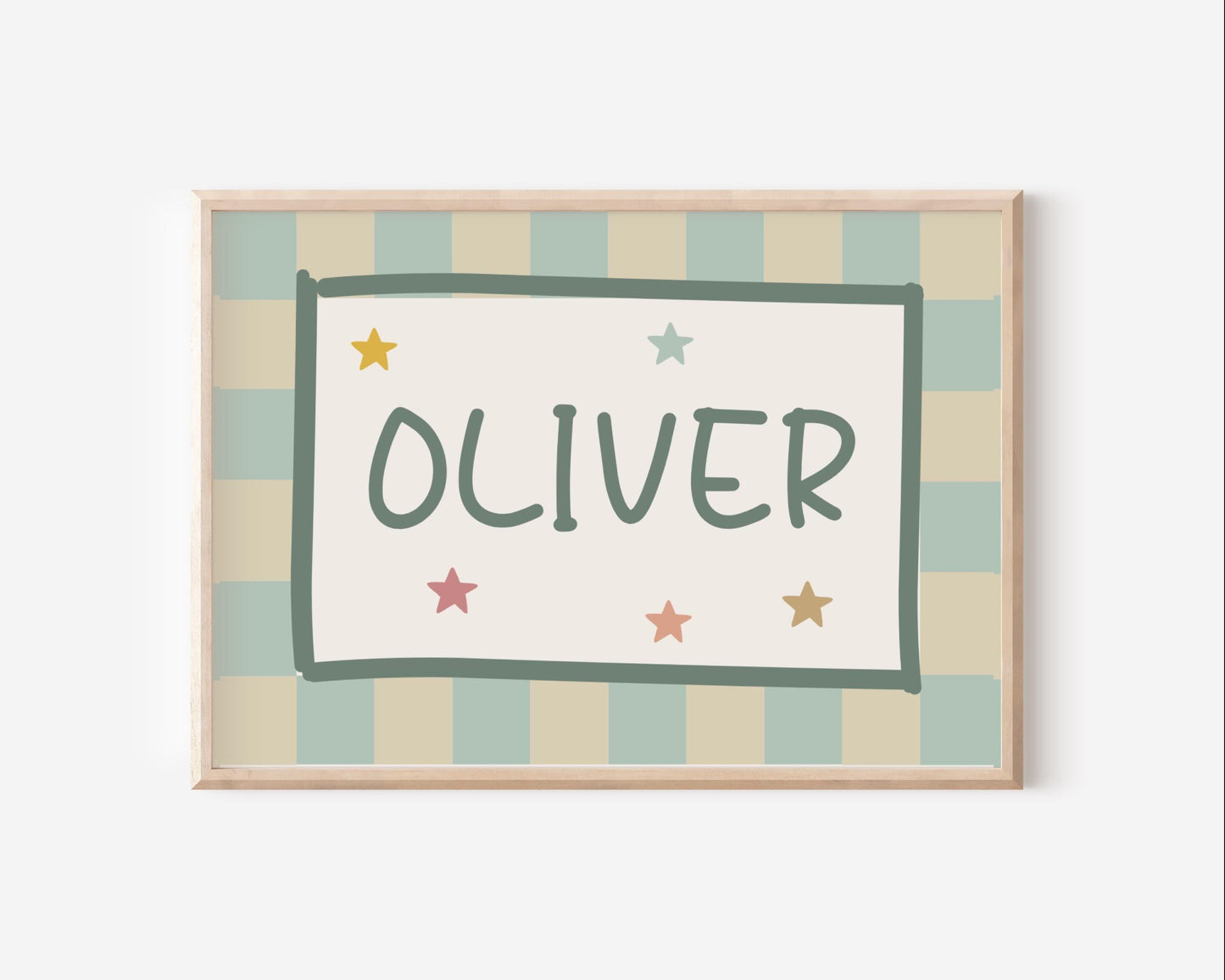 Personalized Boy Nursery Print: Neutral Checkered Star Decor