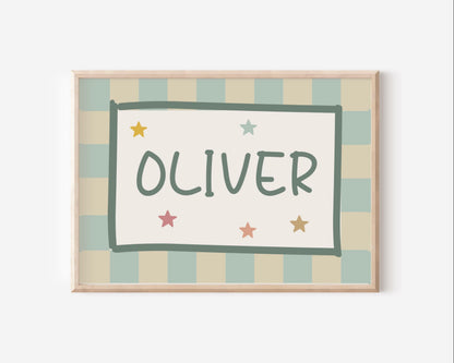 Personalized Boy Nursery Print: Neutral Checkered Star Decor