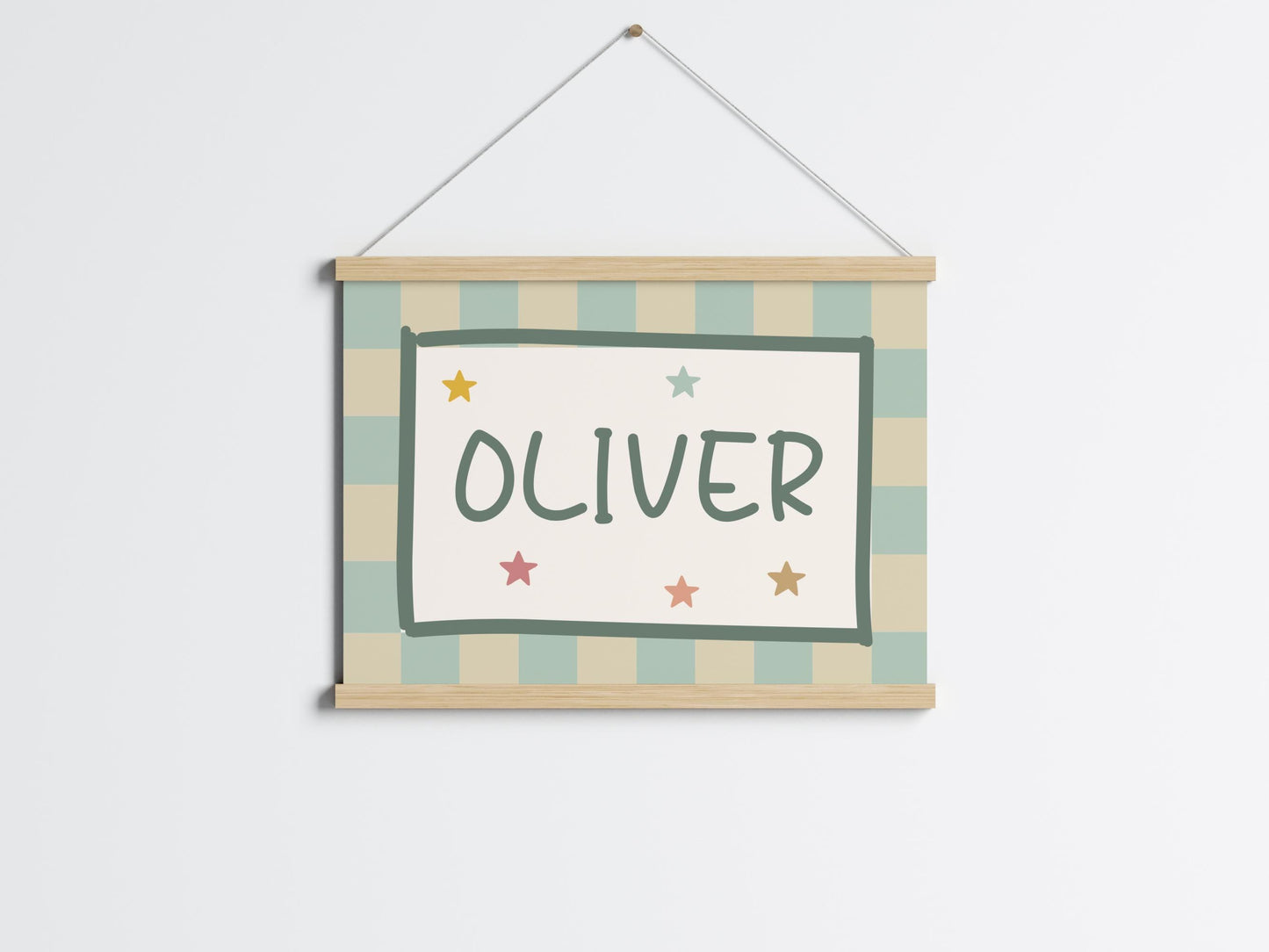 Personalized Boy Nursery Print: Neutral Checkered Star Decor
