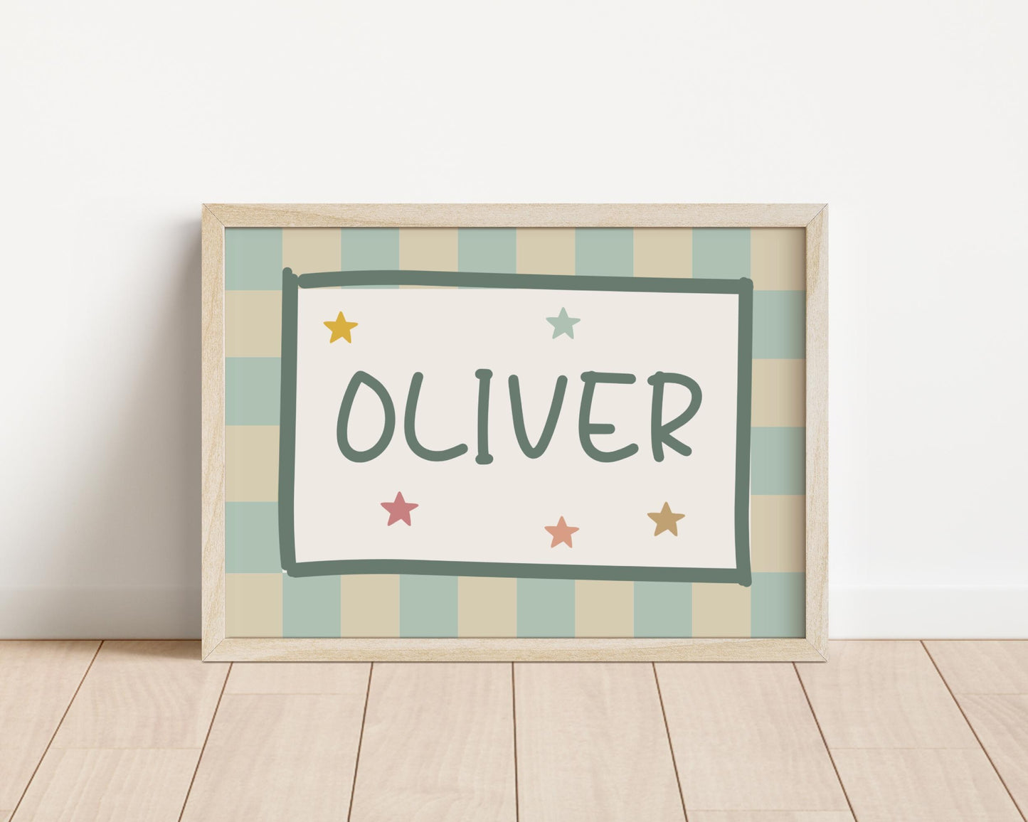 Personalized Boy Nursery Print: Neutral Checkered Star Decor