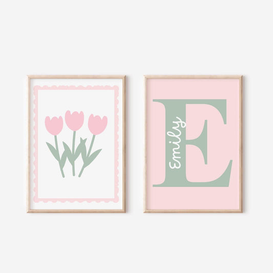 Personalized Floral Girl Room Prints: Pink Name Initial Art Set