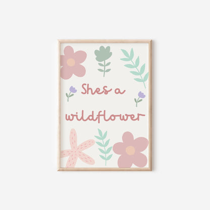 she's a wildflower floral wall  print for girls bedroom, nursery or playroom, childrens wall decor, pastel colour art