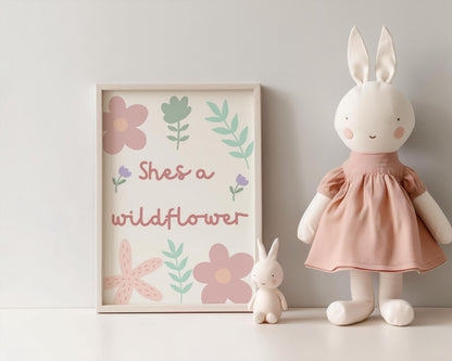 she's a wildflower floral wall  print for girls bedroom, nursery or playroom, childrens wall decor, pastel colour art