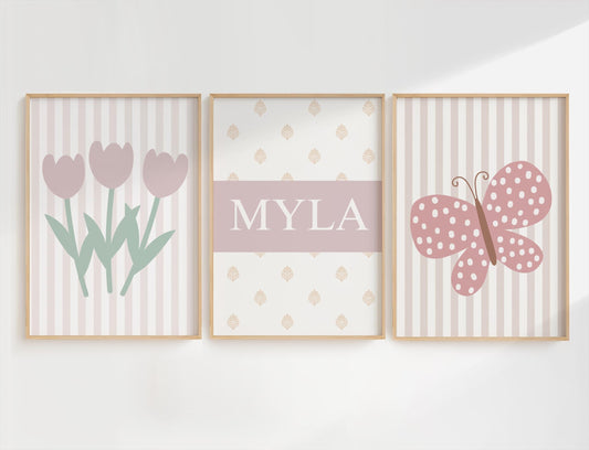 Personalised Floral Butterfly Nursery Print Set: Girl's Bedroom Decor
