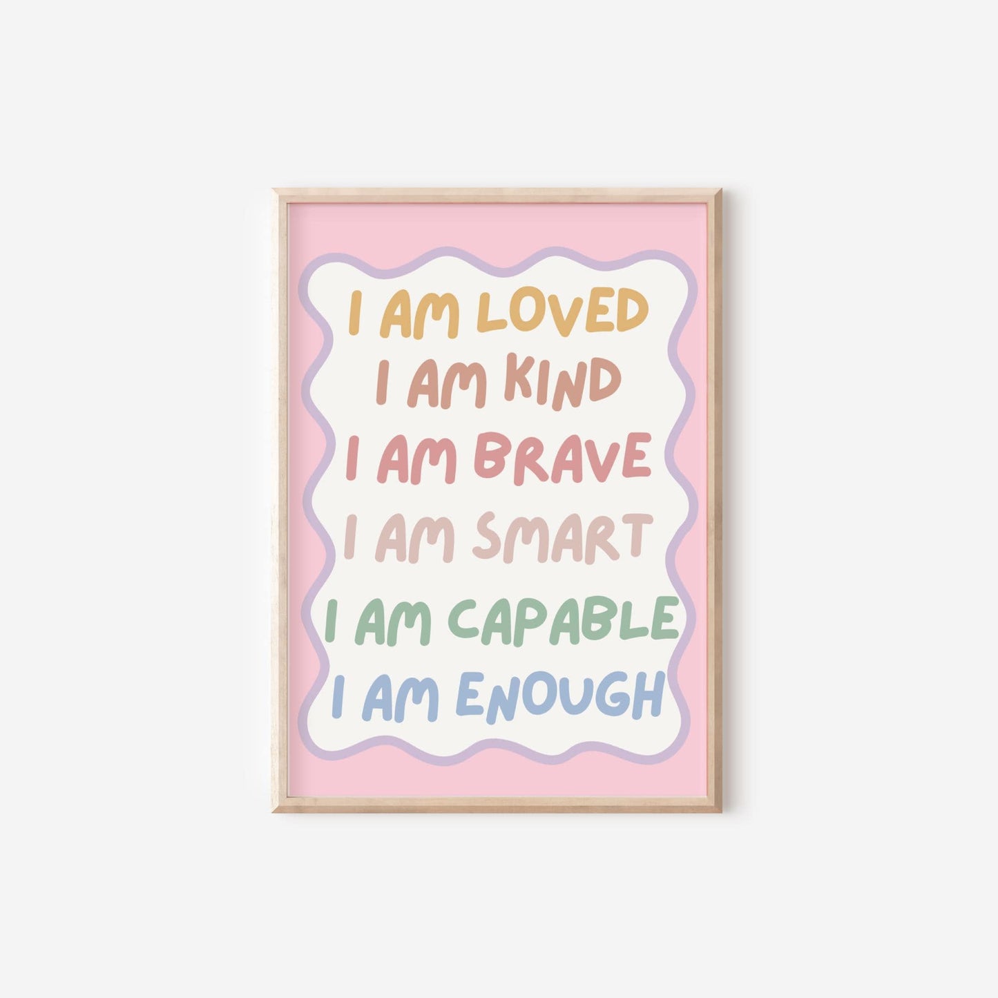 childrens affirmation wall print for bedroom or nursery, i am loved i am kind i am enough