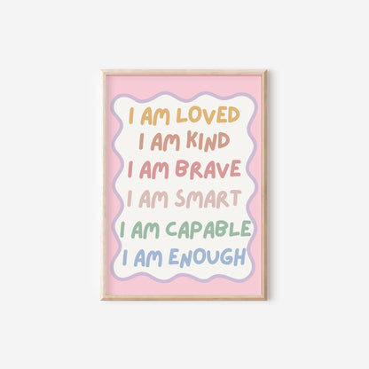 childrens affirmation wall print for bedroom or nursery, i am loved i am kind i am enough