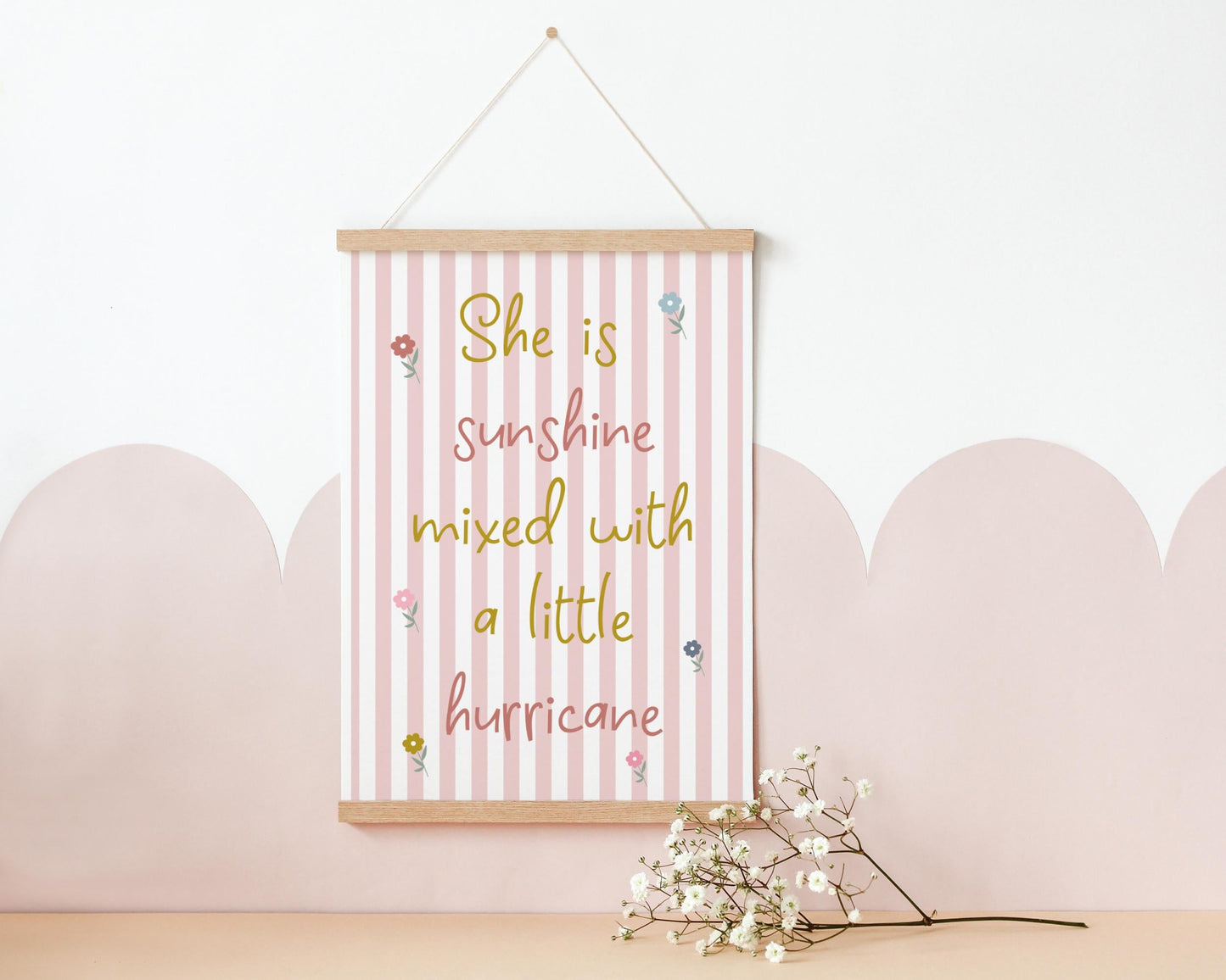 She is sunshine mixed with a little hurricane pink striped wall print for girls bedroom, nursery or playroom