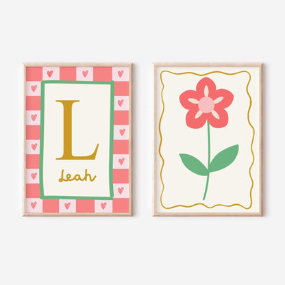 girls personalised floral wall print set for nursery, bedroom or playroom