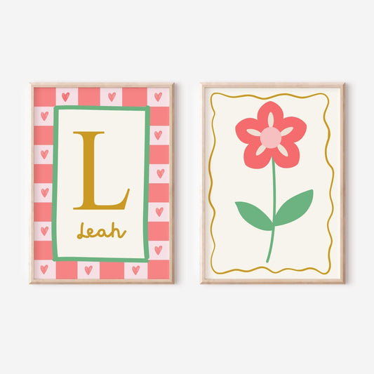 girls personalised floral wall print set for nursery, bedroom or playroom
