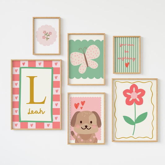 Personalized Girls Room Print Set: Floral, Dog & Butterfly Wall Art