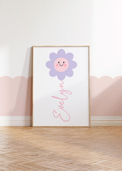 girls pink and lilac personalised flower wall print for bedroom or nursery