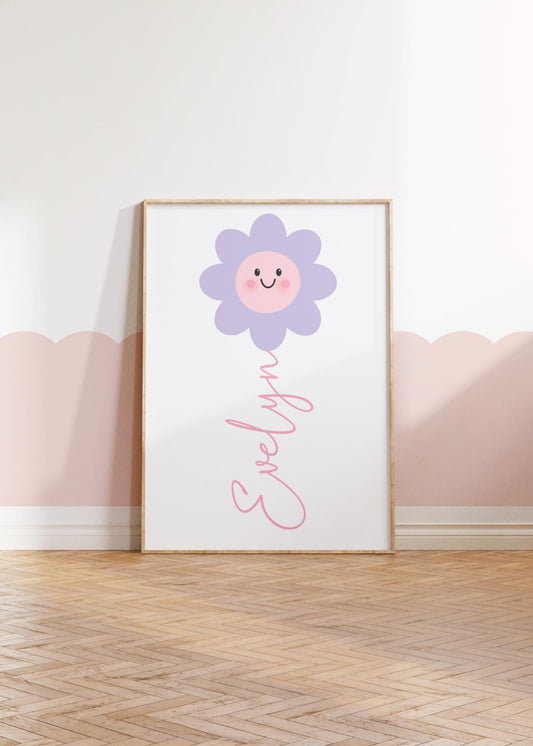 girls pink and lilac personalised flower wall print for bedroom or nursery