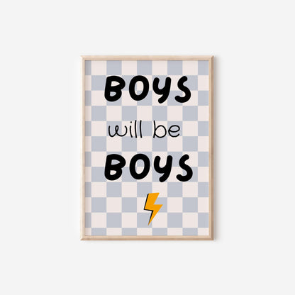boys will be boys checkered retro wall print for childrens bedroom or nursery