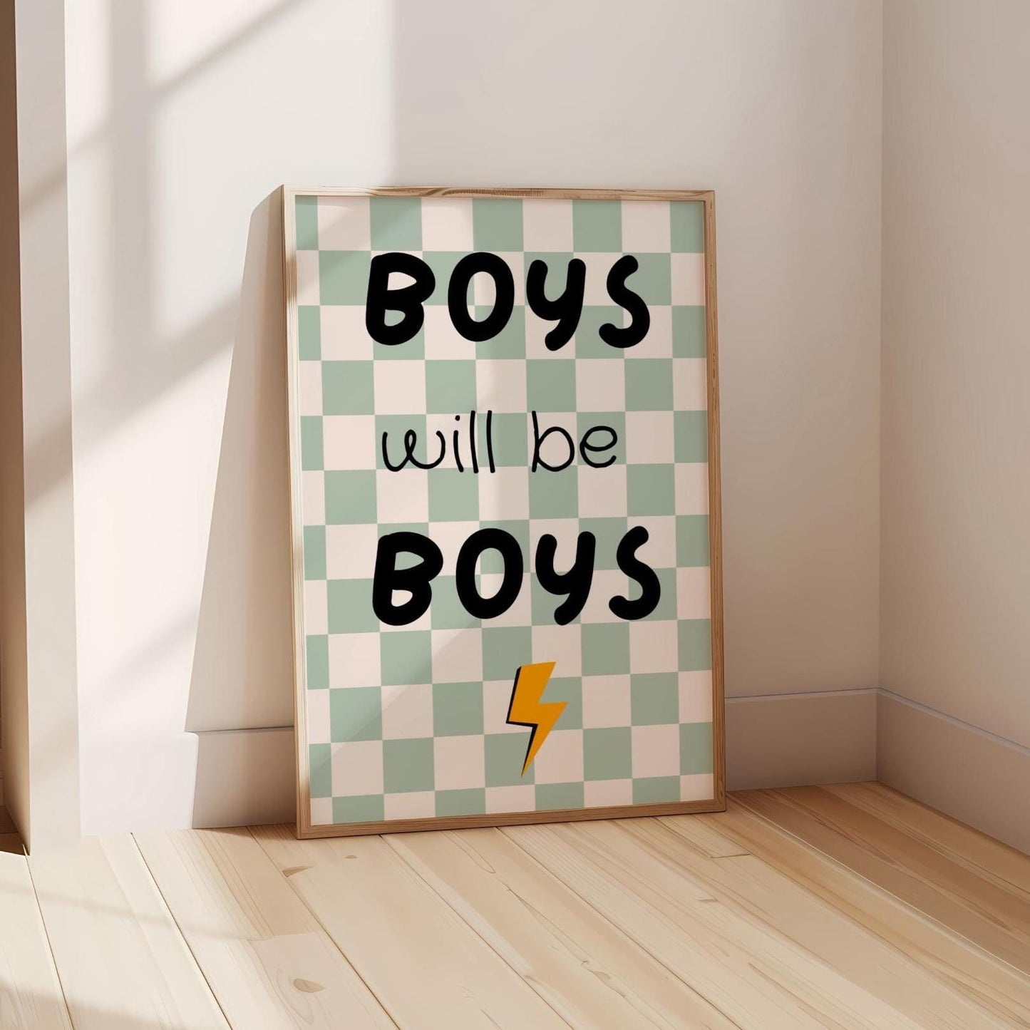 boys will be boys checkered retro wall print for childrens bedroom or nursery