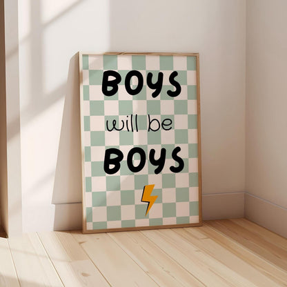 boys will be boys checkered retro wall print for childrens bedroom or nursery