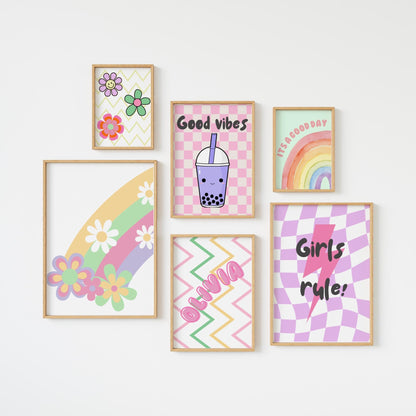 Personalized Retro Girls Room Prints: Bubble Tea & Girls Rule Quotes