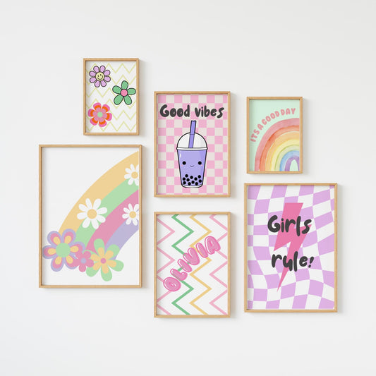 Personalized Retro Girls Room Prints: Bubble Tea & Girls Rule Quotes