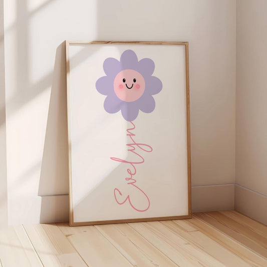 girls pink and lilac personalised flower wall print for bedroom or nursery