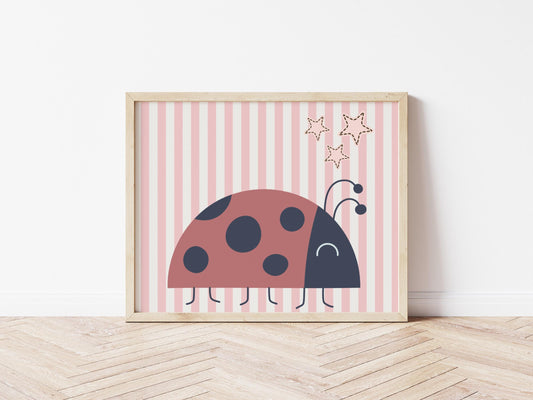 girls  pink ladybird wall print, kids wall decor, cute bug wall decor for childs bedroom, prints only