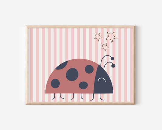 girls  pink ladybird wall print, kids wall decor, cute bug wall decor for childs bedroom, prints only