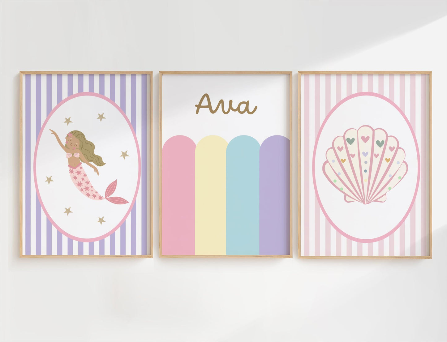 girls wall print set with personalised print and bright pastel mermaid theme