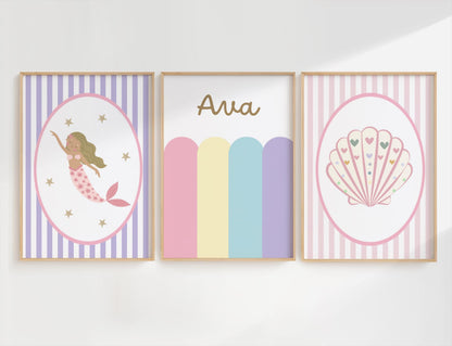 girls wall print set with personalised print and bright pastel mermaid theme