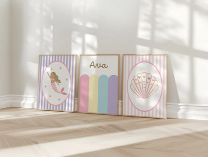 girls wall print set with personalised print and bright pastel mermaid theme