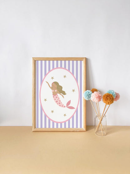 girls wall print set with personalised print and bright pastel mermaid theme