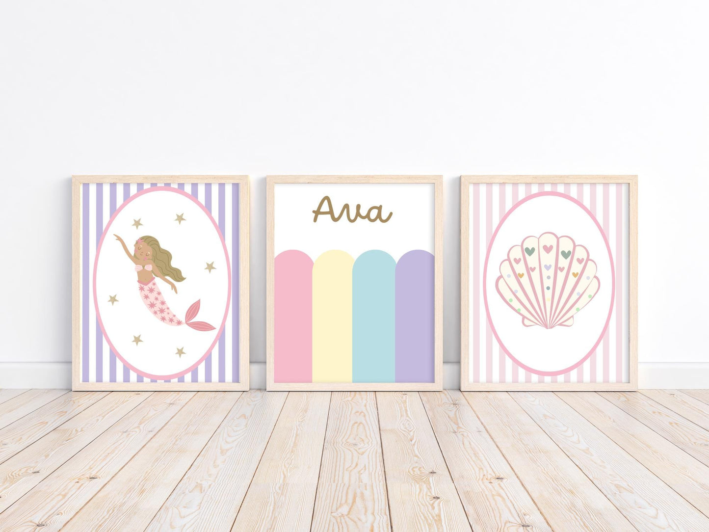 girls wall print set with personalised print and bright pastel mermaid theme