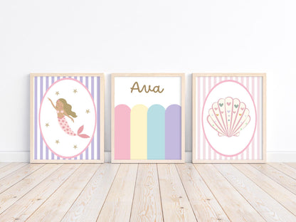 girls wall print set with personalised print and bright pastel mermaid theme