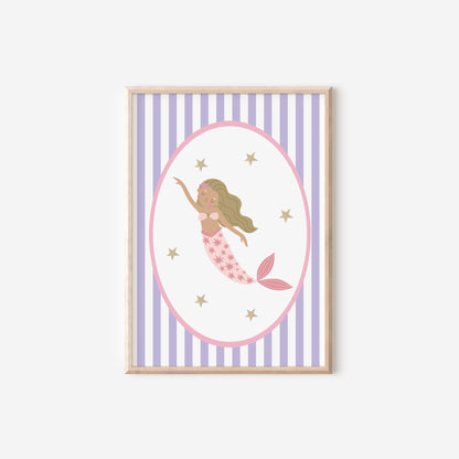 girls mermaid themed wall print for bedroom, nursery or playroom (print only)