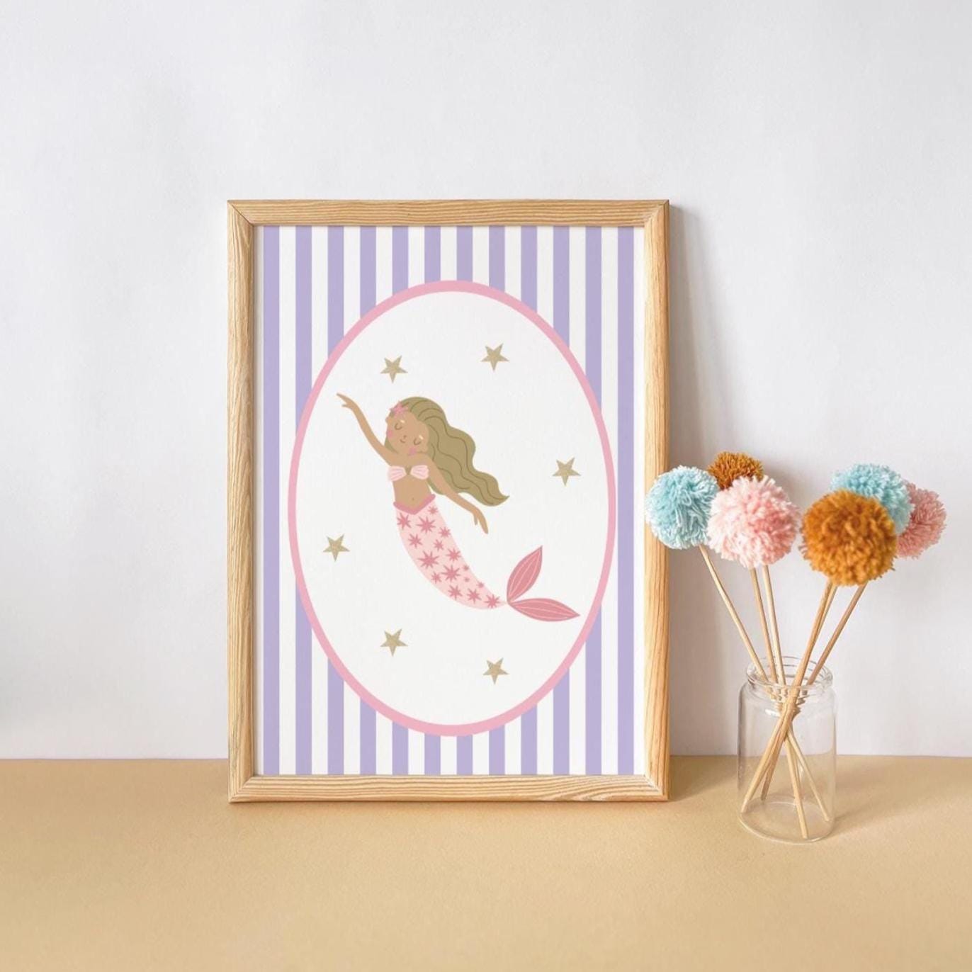 girls mermaid themed wall print for bedroom, nursery or playroom (print only)