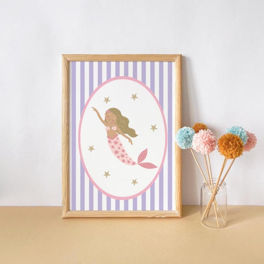 girls mermaid themed wall print for bedroom, nursery or playroom (print only)