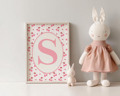 personalised initial girls cherry wall print for bedroom, nursery or playroom