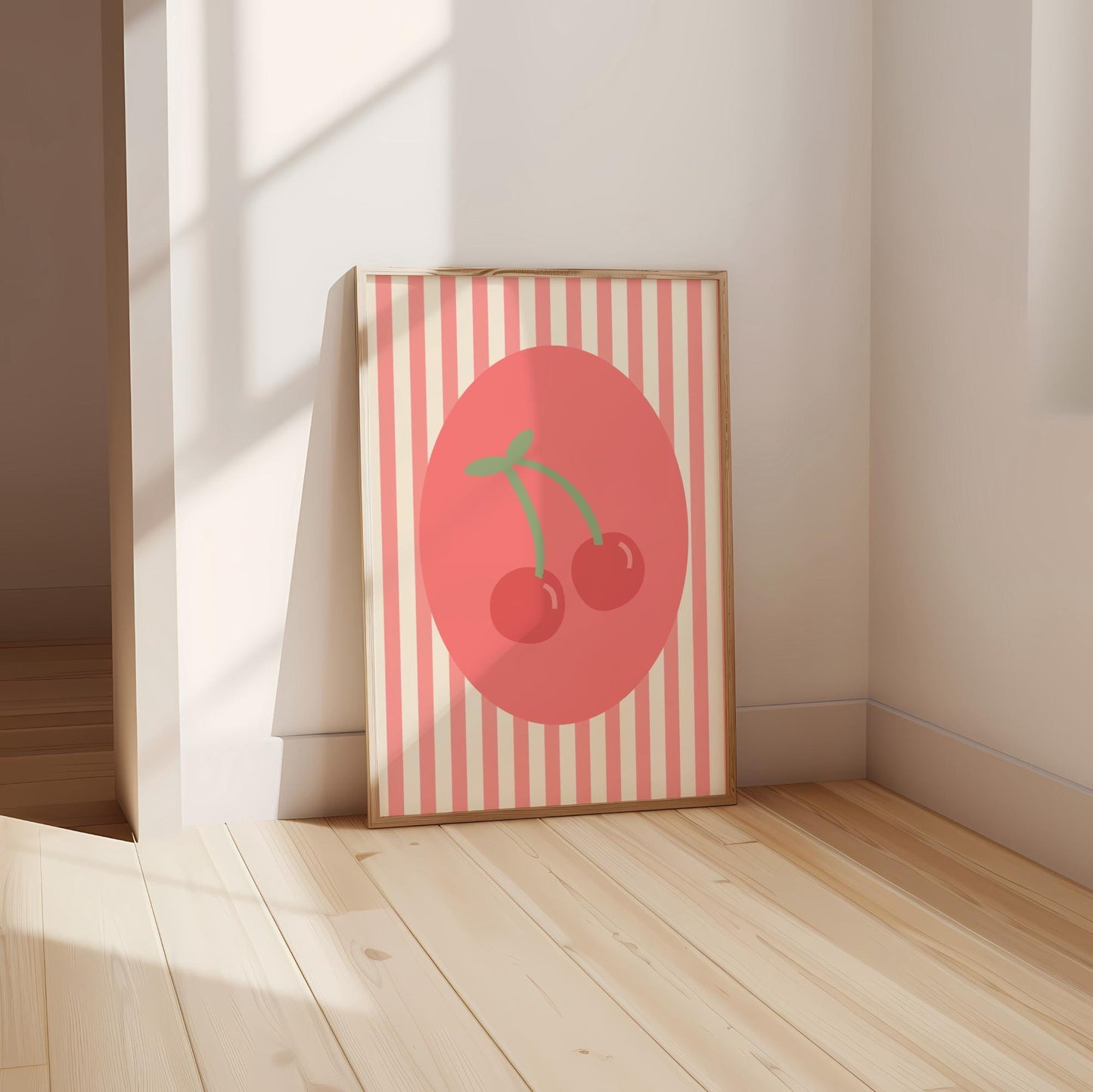 striped pink cherry wall print for home,  childrens nursery, bedroom or playroom